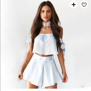 Blue White Striped Off-The-Shoulder Two-Piece Set
